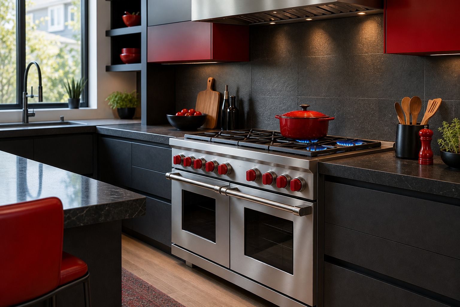 Stainless Wolf dual-fuel range with red knobs in a Santa Clara kitchen