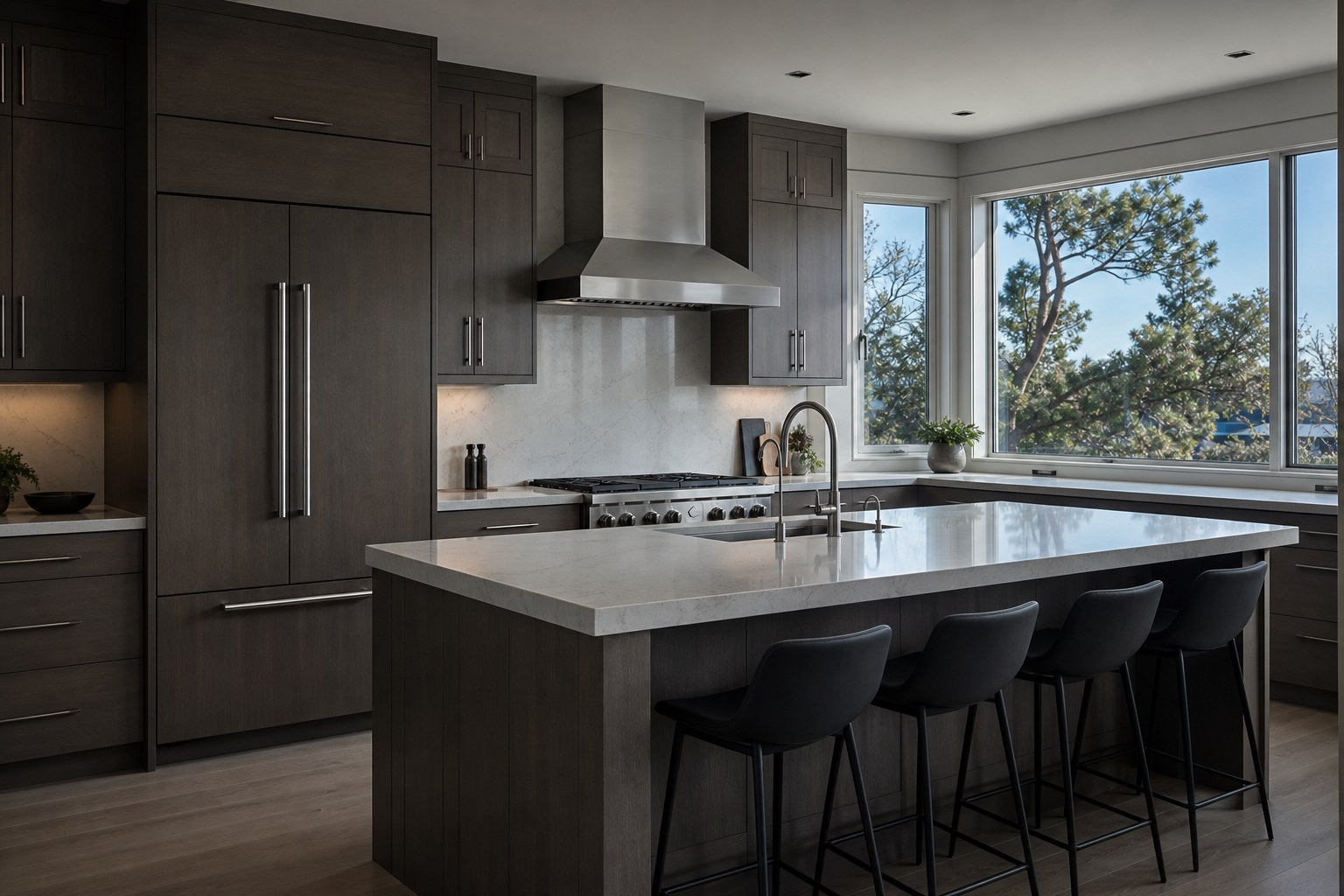 Dark, upscale Santa Clara kitchen with stainless built-in refrigeration