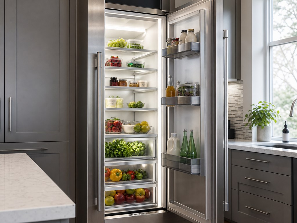 Stainless built-in Sub-Zero freezer column in a Santa Clara kitchen