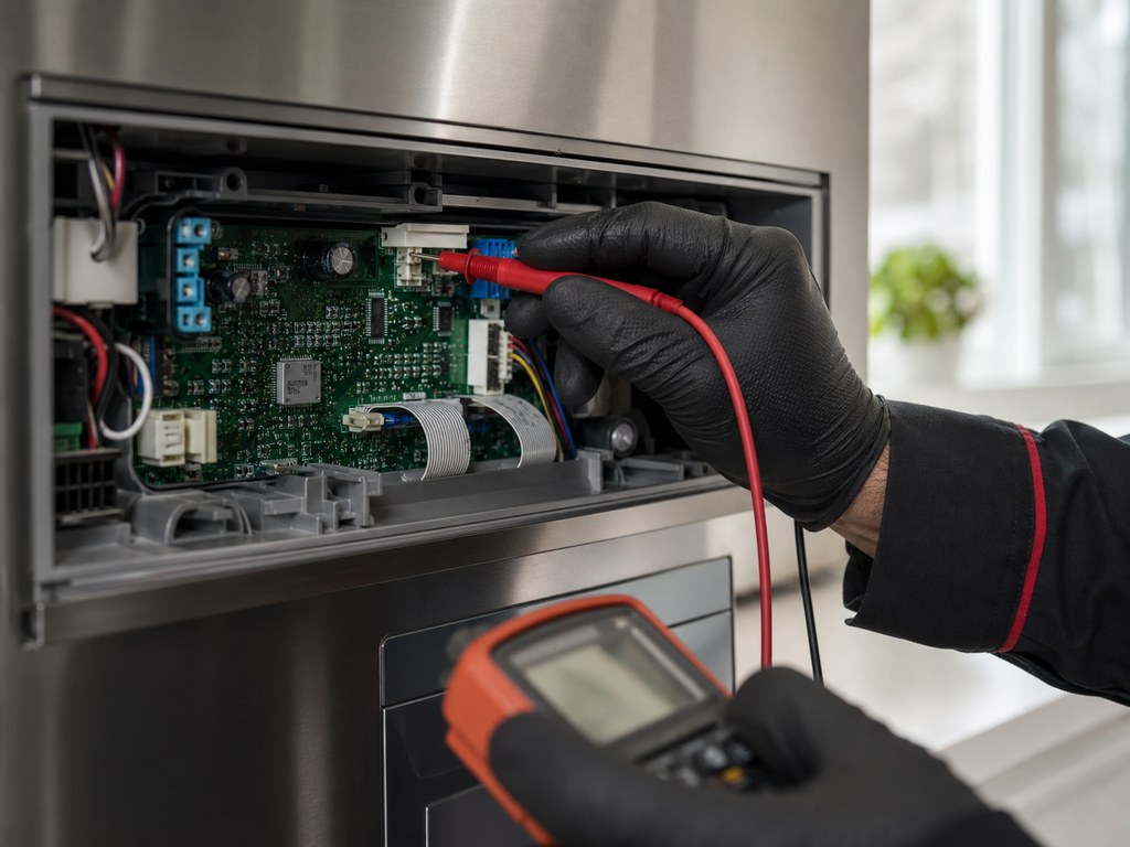 Technician diagnosing a wine cooler control board in Santa Clara
