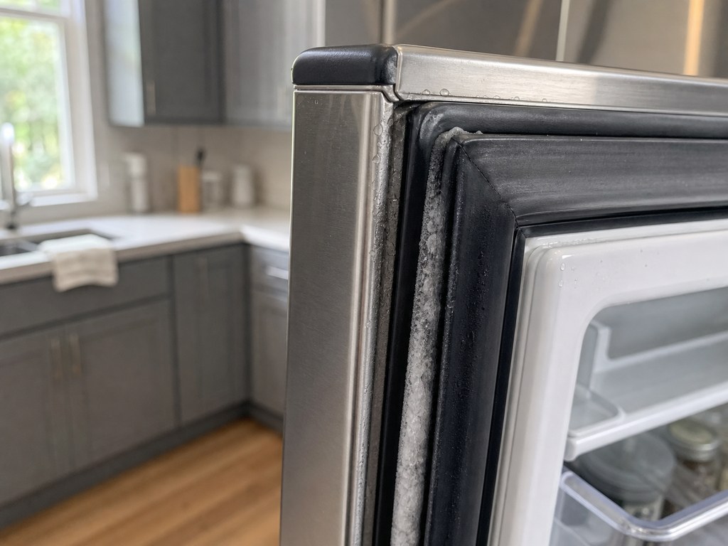 Worn door gasket with a frost line on a stainless Sub-Zero built-in