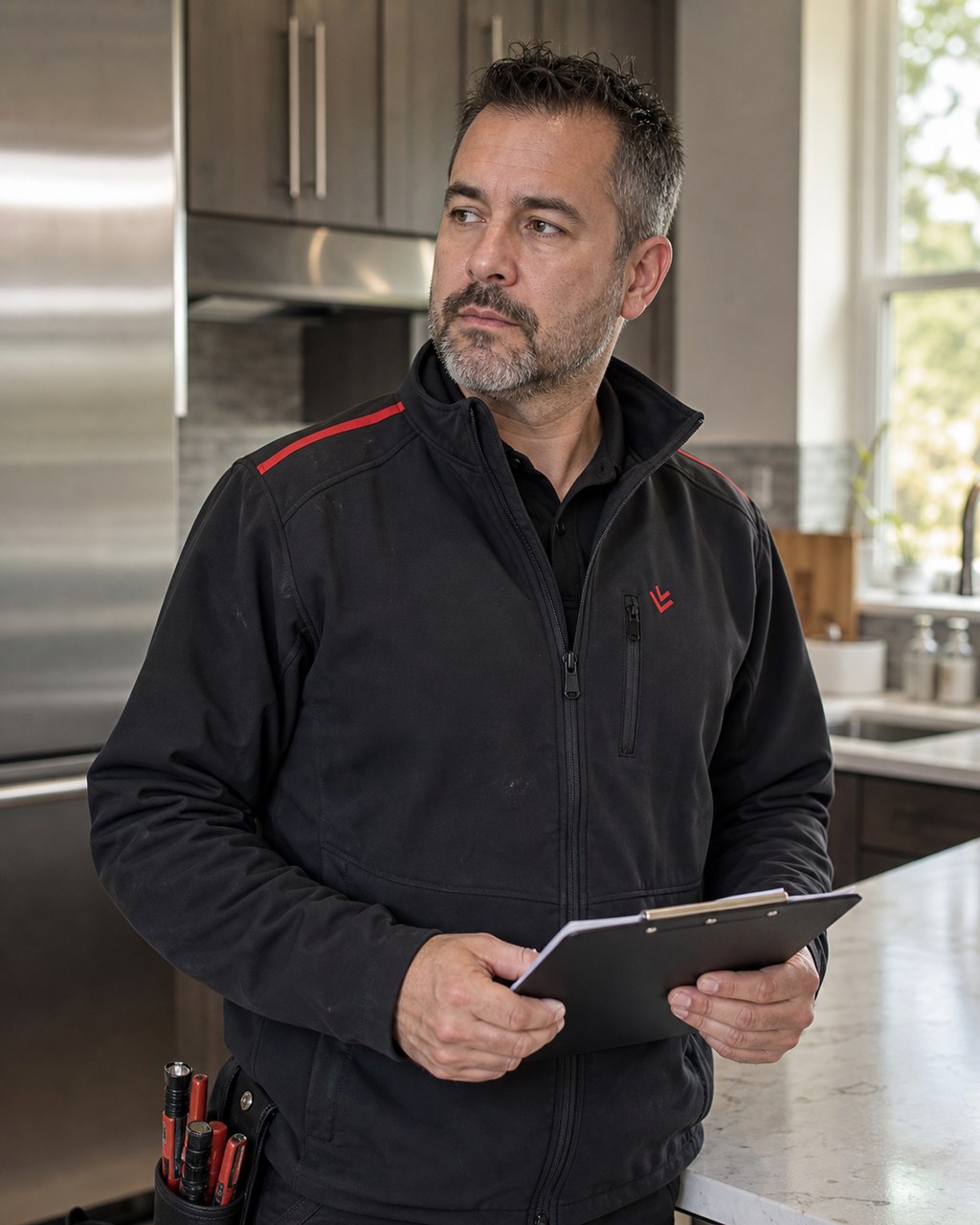 Lead Sub-Zero Santa Clara technician with a clipboard in a Santa Clara kitchen