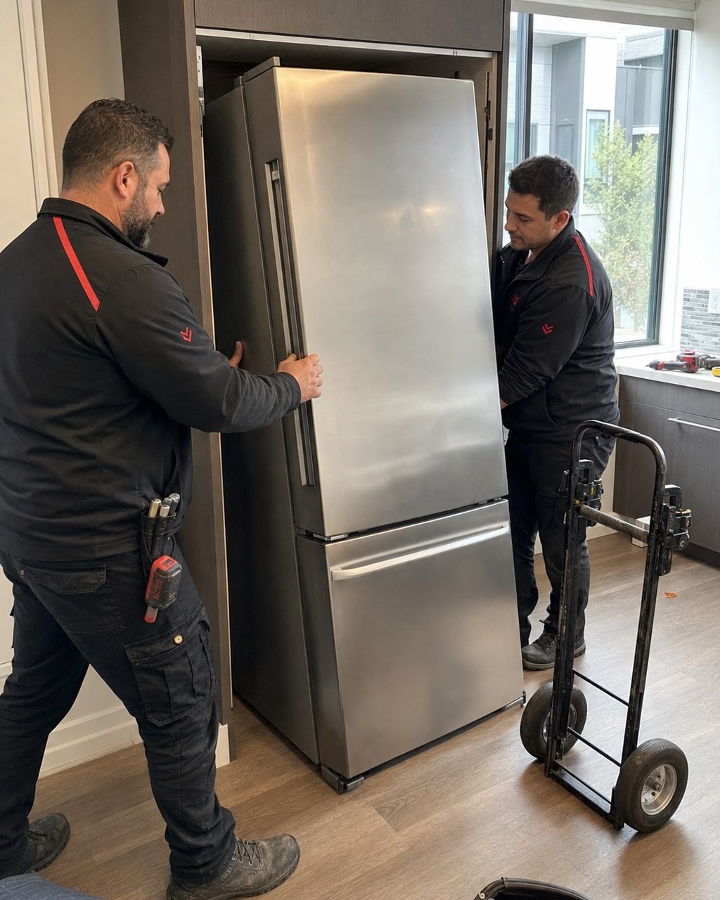 Two technicians sliding a built-in Sub-Zero freezer out of its cabinet in Santa Clara
