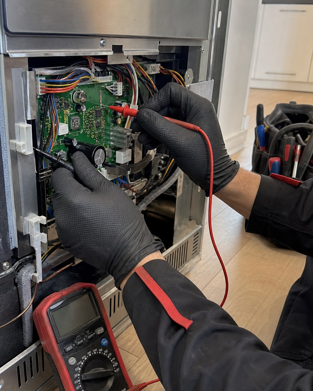 Technician diagnosing a Monogram control board in Santa Clara