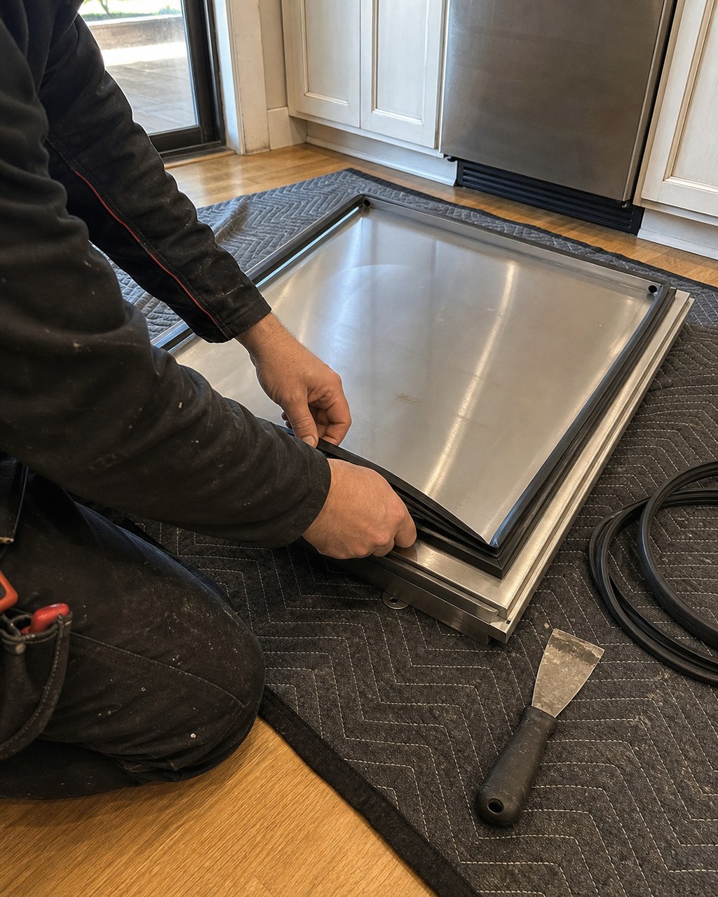 Technician fitting a new Sub-Zero door gasket in an older Santa Clara home