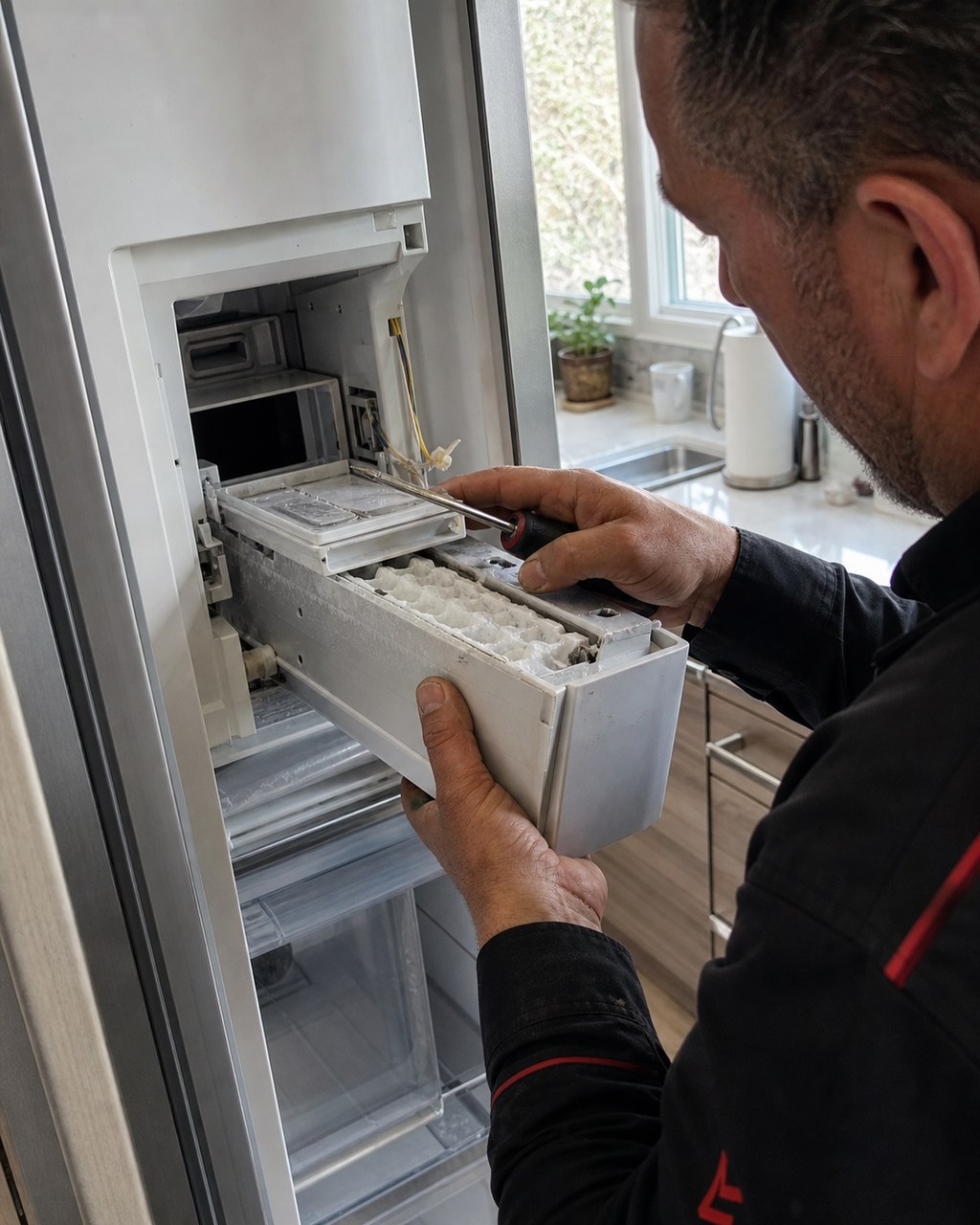 Technician removing a Sub-Zero ice-maker module during a Santa Clara repair