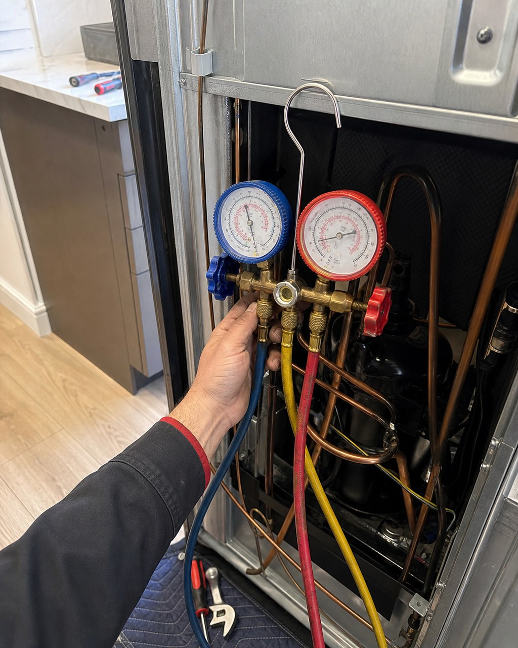 Technician checking sealed-system pressures during a Sub-Zero maintenance visit in Santa Clara